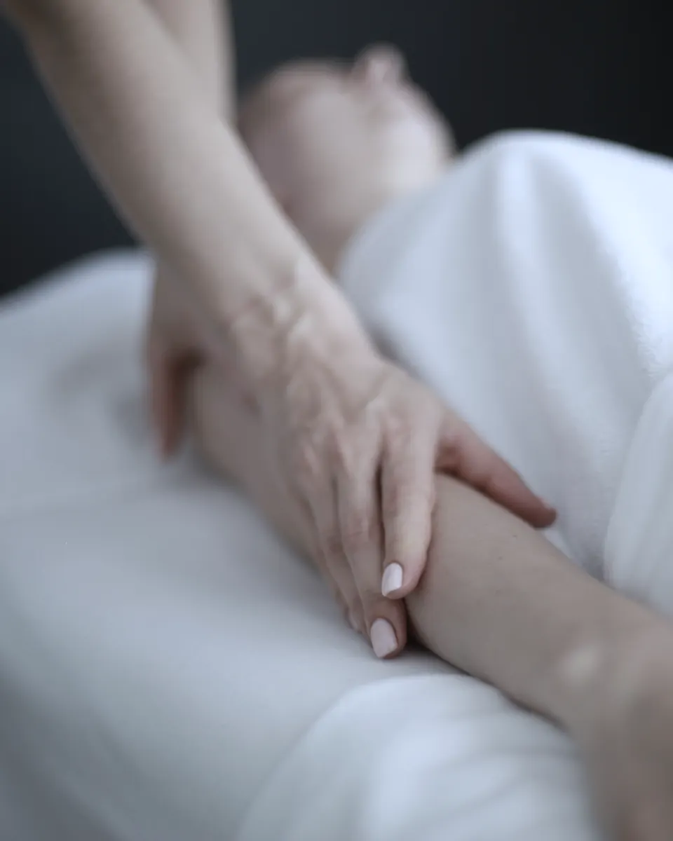 Handen die een onderarm masseren, op een wit laken